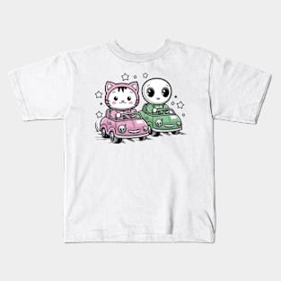 Cute kitty cat and alien in crazy cars Kids T-Shirt